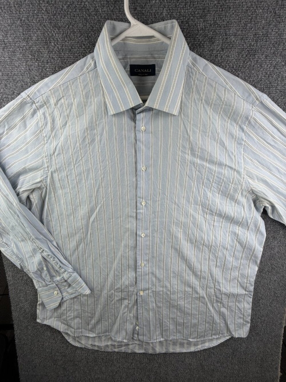 Canali Italy Size 18 Button Up Shirt Men Long Sleeve Striped Blue Designer Adult